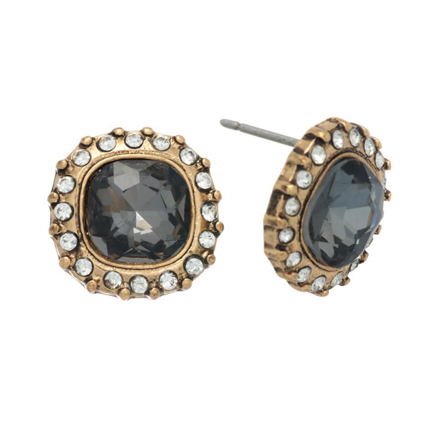 Burnished gold tone antique style black diamond rhinestone earrings with a halo. Approximately 1/2" in length.
