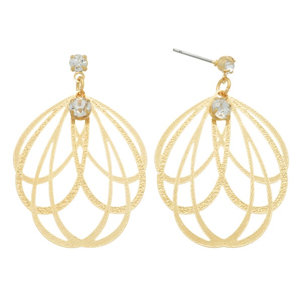 Gold tone drop earrings with an open layered teardrop shape and rhinestone accents. Approximately 1 5/8" in length.