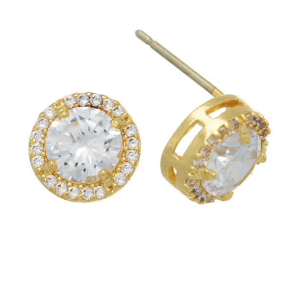 Gold tone rhinestone stud earrings with a halo. Approximately 5/16" in length.