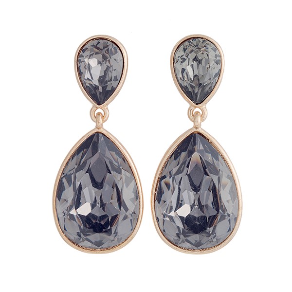 Gold tone drop earrings with a black diamond teardrop shaped rhinestone. Approximately 1 3/4" in length.