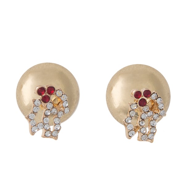 Gold tone double sided earrings with a red and clear rhinestone boughs of holly front. Approximately 3/8" in length.