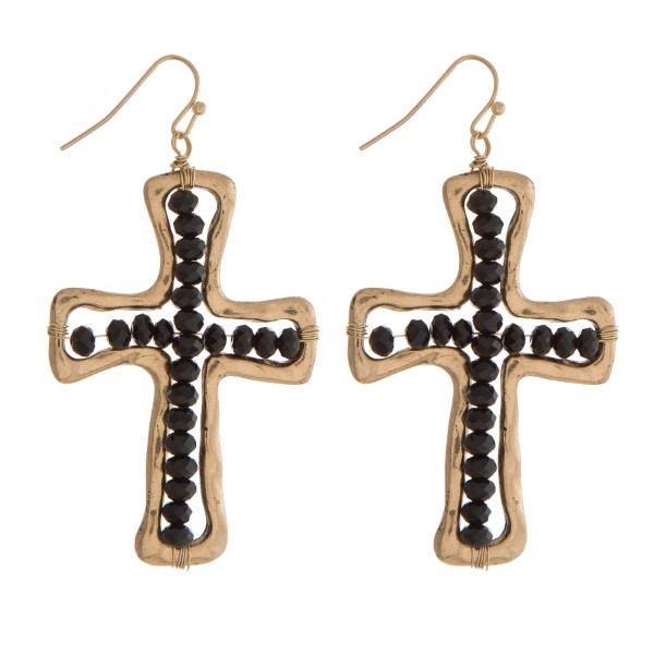 Wholesale gold fishhook earrings black beaded cross