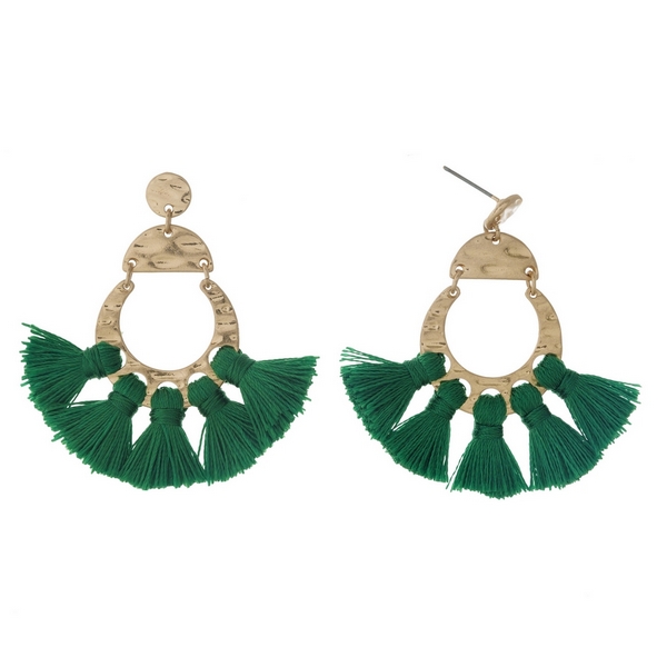 Wholesale gold post earrings five green tassels