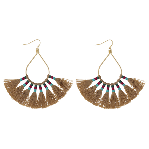 Wholesale gold fishhook earrings open oval eight tan thread tassels