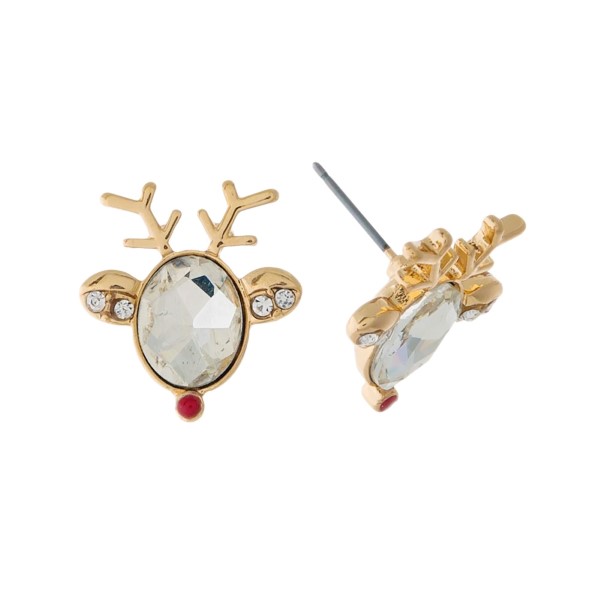 Gold tone, reindeer stud earrings with a clear rhinestone face. Approximately 3/4" in size. 