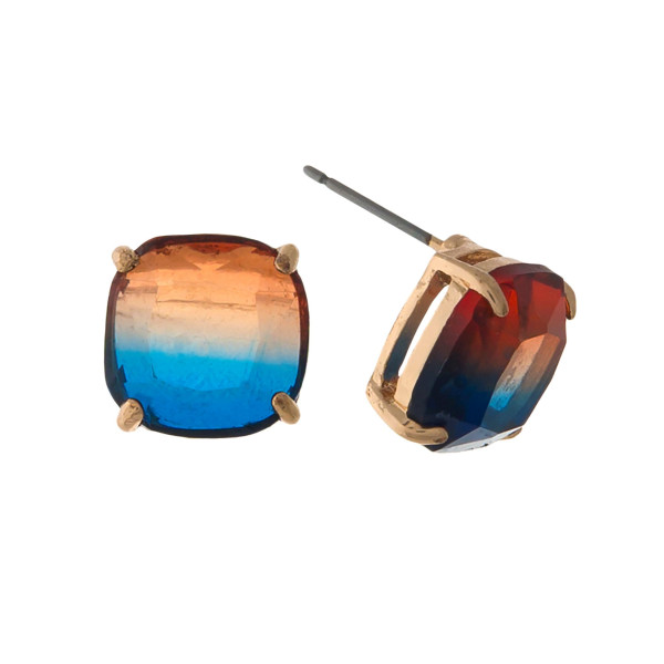 Wholesale gold stud earrings blue orange ombre stone