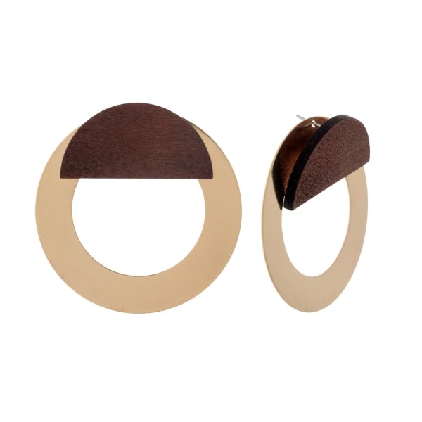 Brushed metal stud earrings with a wooden, half circle accent. Approximately 2" in diameter. 