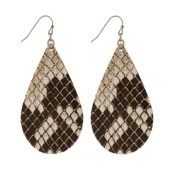 Wholesale silver fishhook earrings faux leather teardrop snakeskin pattern