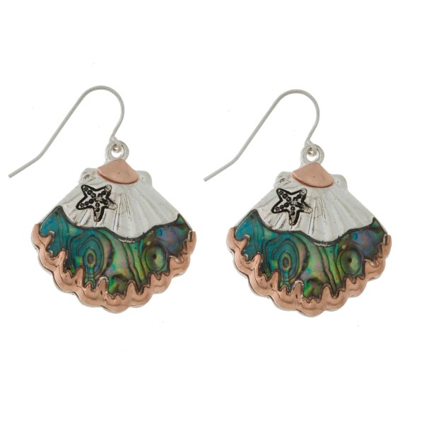 Silver tone fishhook earrings with a two tone seashell and abalone accents. Approximately 1" in size. 