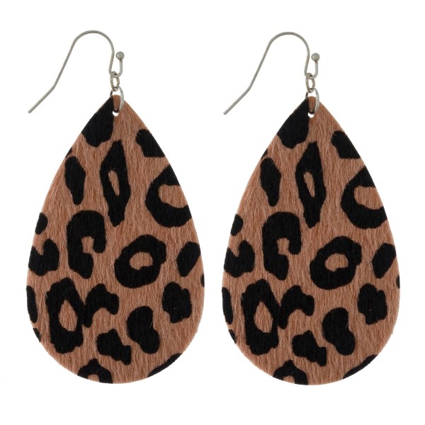 Faux leather earrings with a teardrop shape and a faux fur animal print. Approximately 2.5" in length. 