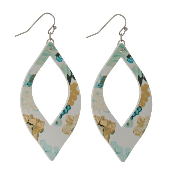 Wholesale silver fishhook earrings faux leather cutout oval floral pattern
