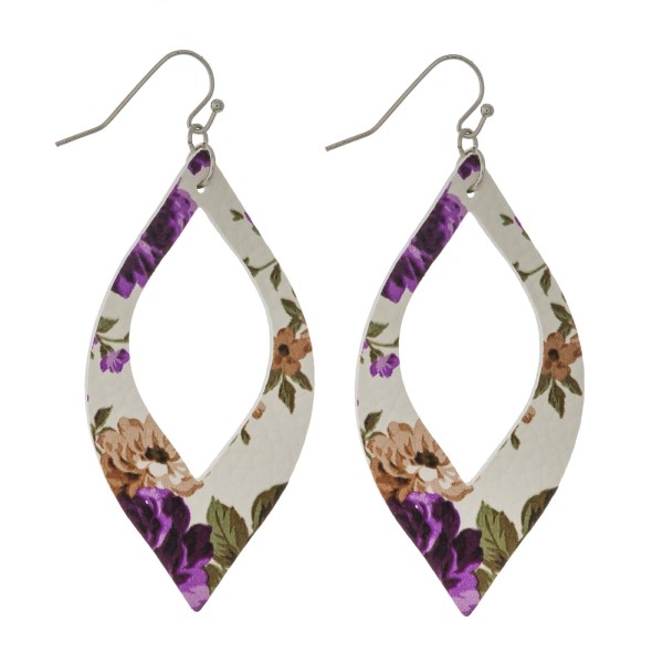 Wholesale silver fishhook earrings faux leather cutout oval floral pattern