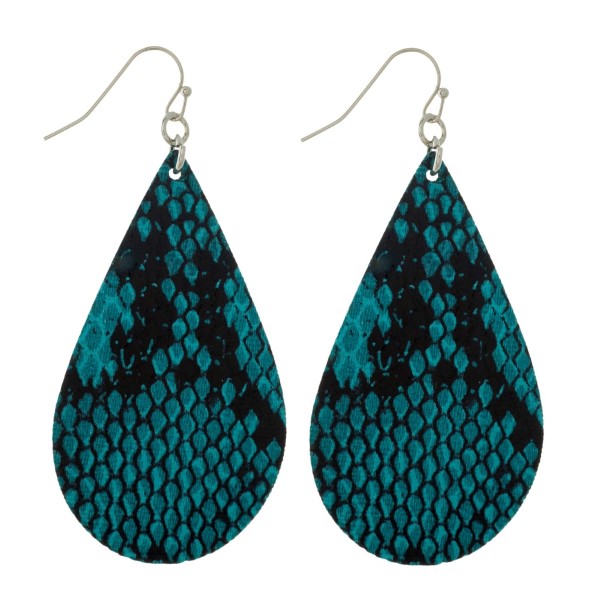 Wholesale silver fishhook earrings faux leather teardrop snakeskin pattern