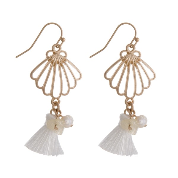 Wholesale dainty fishhook earrings cutout seashell tassel accent