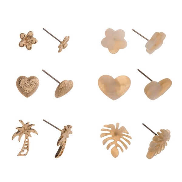 Six earring set with gold tone and acetate stud earrings. 