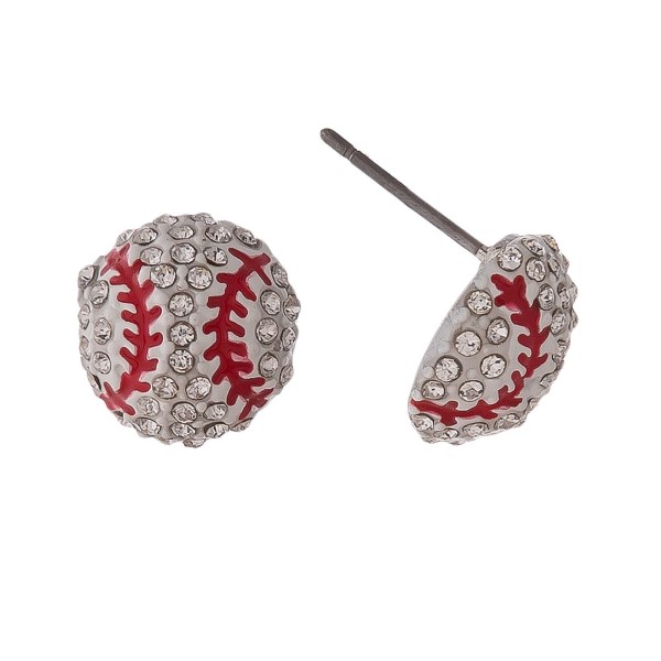 Baseball stud earrings with rhinestones. Approximately 1/2" in length. 