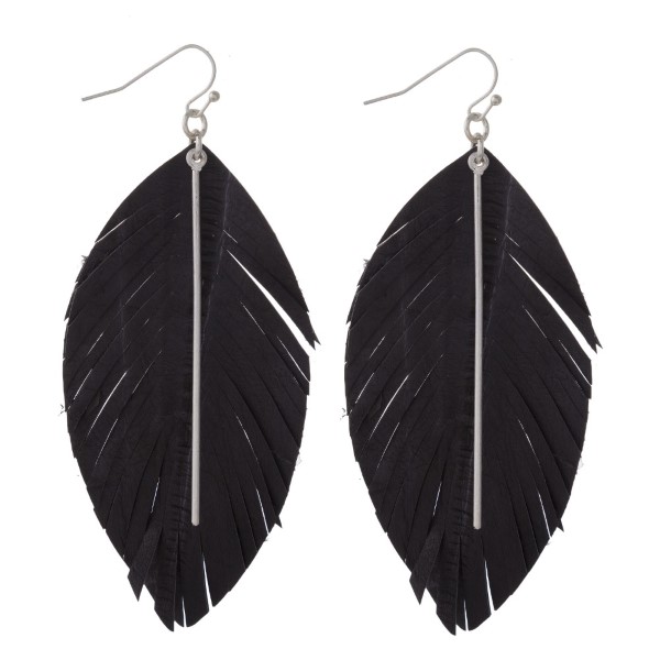 Wholesale genuine leather feather inspired earring metal bar accent