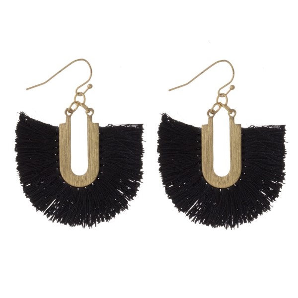 Gold tone fishhook earring with fanned tassel. Approximately 1.5" in length.