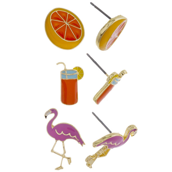 Wholesale three pair stud earrings fruit flamingo drink detail Approximate cm