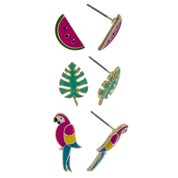 Wholesale three pair stud earrings watermelon leaf parrot details Approximate cm