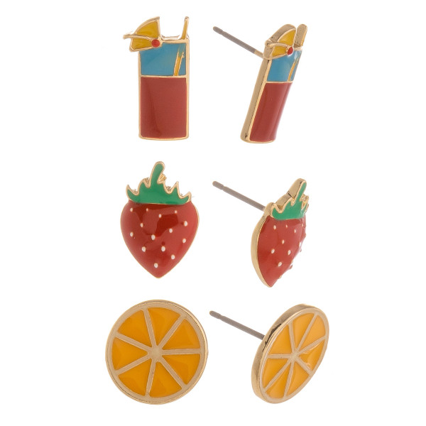 Three-pair stud earrings with drink, strawberry, and orange details. Approximate 1cm in length.