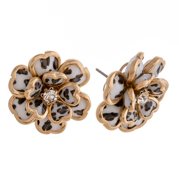 Wholesale leopard print metal flower stud earrings rhinestone center detail diam