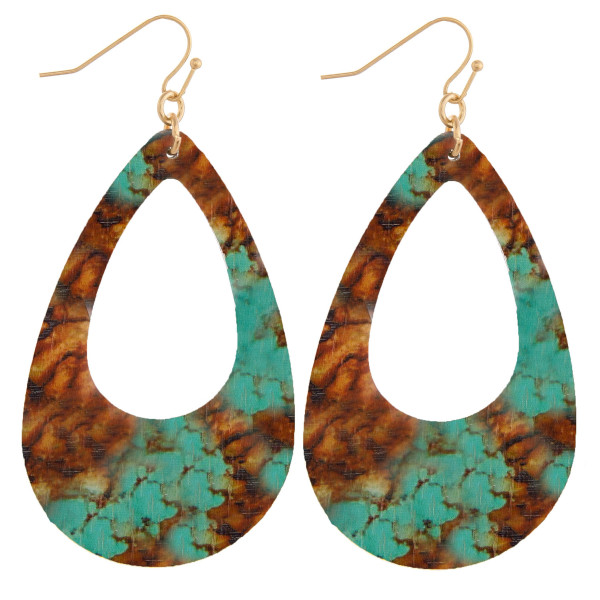 Wholesale wood teardrop earrings turquoise brown stone inspired pattern Measure