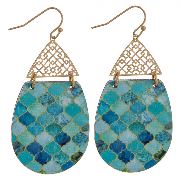 Wholesale wood inspired teardrop earrings detailed pattern filigree accent