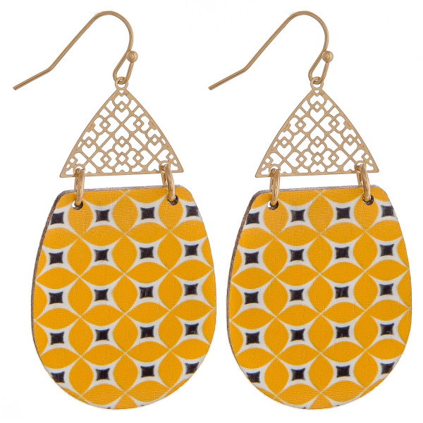 Wholesale wood inspired teardrop earrings detailed pattern filigree accent