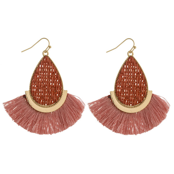 Wholesale rattan woven teardrop earrings tassel details gold metal accents