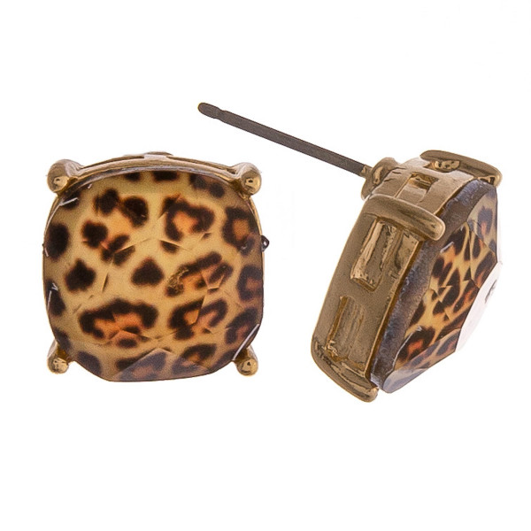 Stud earrings featuring a iridescent stone with leopard print details. Approximately 1cm in diameter. 