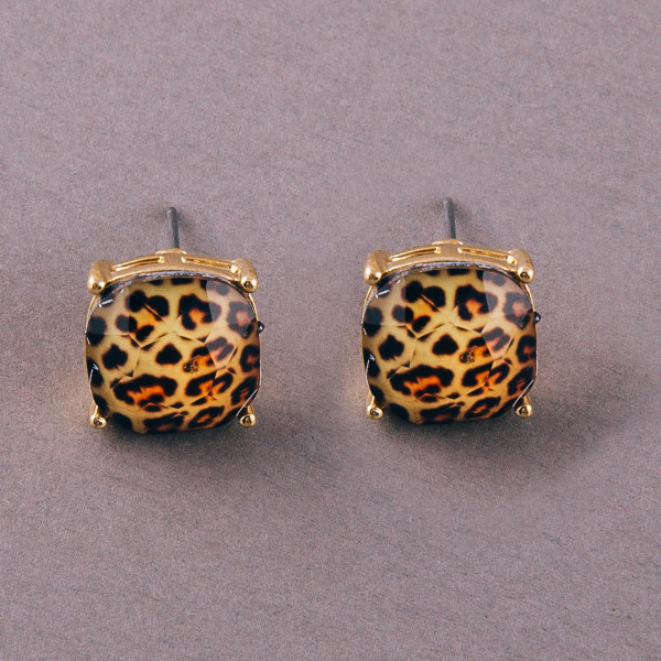 Stud earrings featuring a iridescent stone with leopard print details. Approximately 1cm in diameter. 