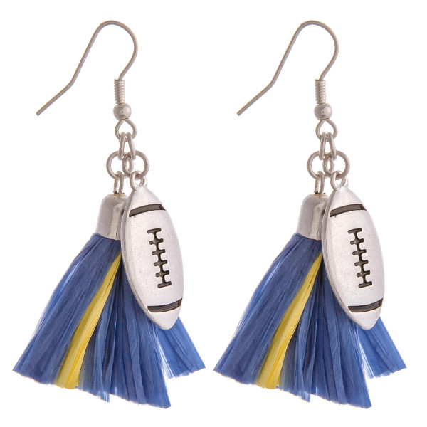 Wholesale raffia tassel drop earrings silver metal football accent
