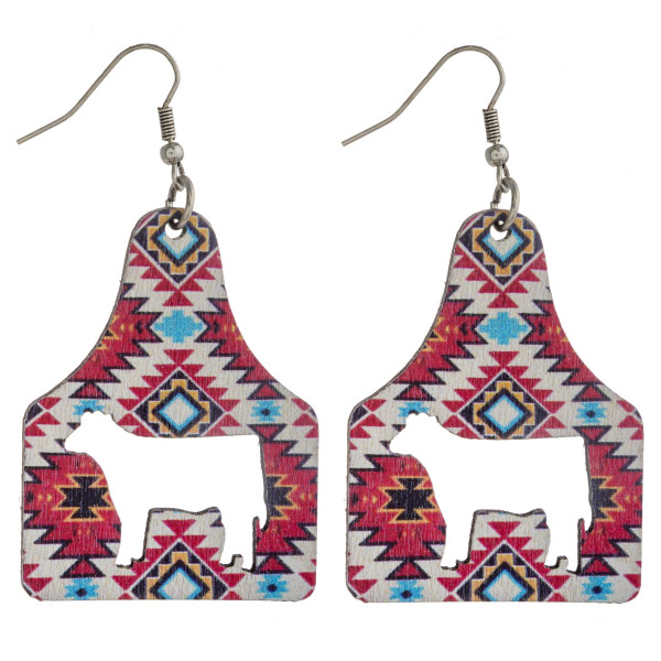 Wholesale wood inspired cut out cow tag earrings western pattern details