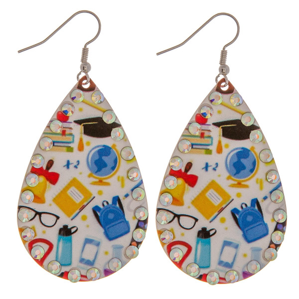 Wholesale metal school print drop earrings rhinestone accents