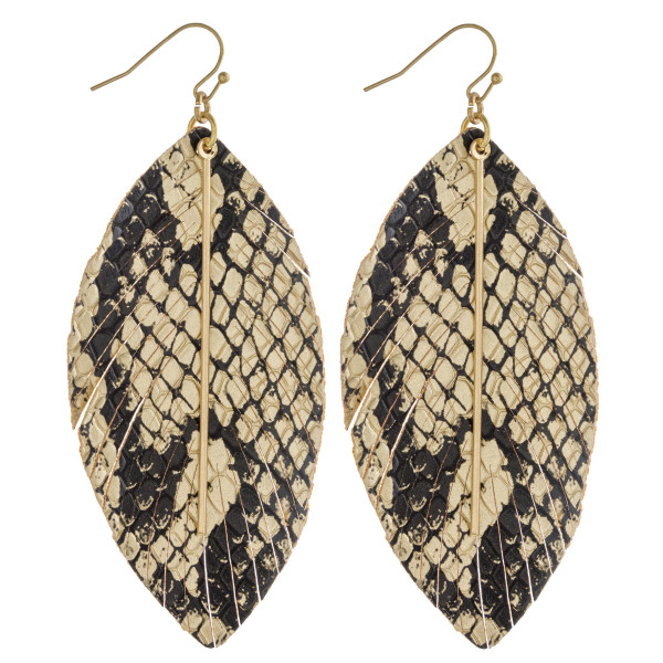 Wholesale faux leather feather inspired earrings metallic snakeskin details gold