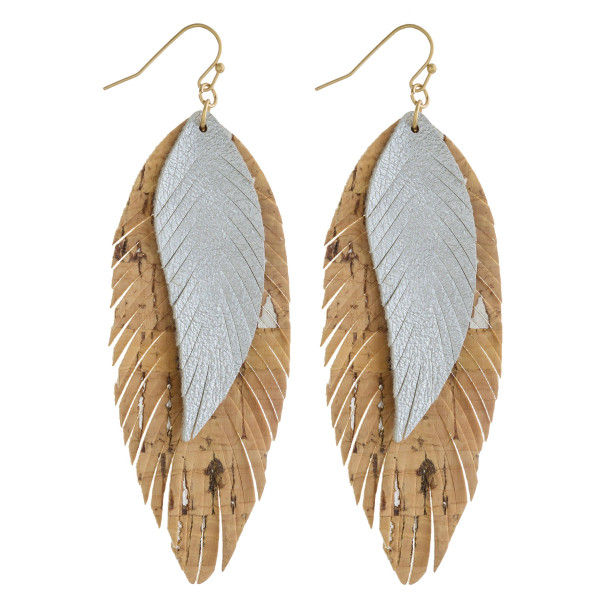 Wholesale double layered feather inspired earrings cork metallic details