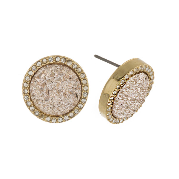 Druzy disc stud earrings with cubic zirconia accents. Approximately .5" in diameter.