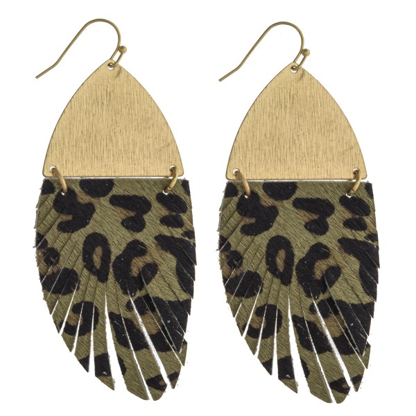 Faux fur leopard print feather linked drop earrings. Approximately 3" in length.