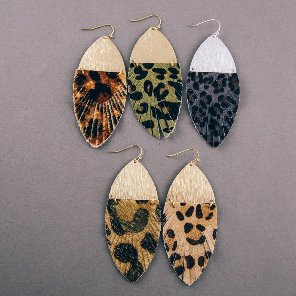 Faux fur leopard print feather linked drop earrings. Approximately 3" in length.