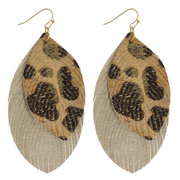 Faux fur leopard print metallic double layered feather earrings. Approximately 3.5" in length.