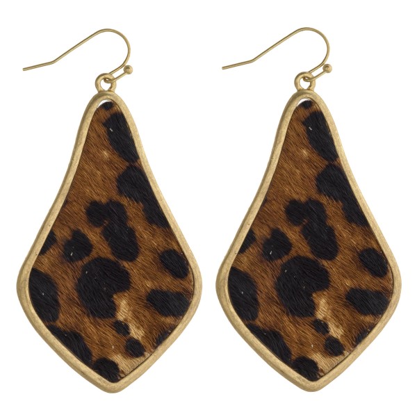 Leopard print faux fur encased arabesque drop earrings. Approximately 2.5" in length.