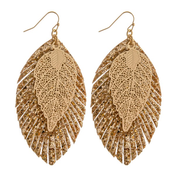 Wholesale filigree leaf glittery feather drop earrings