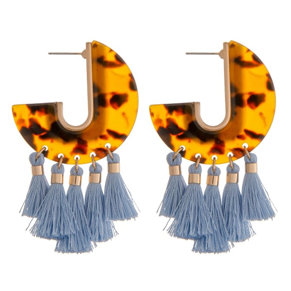 Resin tortoise shell J hoop tassel earrings.

- Approximately 2" in length