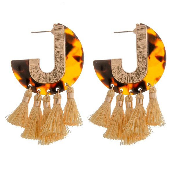 Resin tortoise shell J hoop tassel earrings.

- Approximately 2" in length