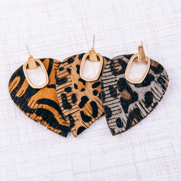 Faux leather cowhide leopard print hinge cut out earrings.

- Approximately 2.75" in length