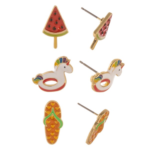 Enamel coated summer time stud earring set.

- 3 pairs/pack
- Watermelon Popsicle, Unicorn Pool Float and Flipflop
- Approximately .5" in size