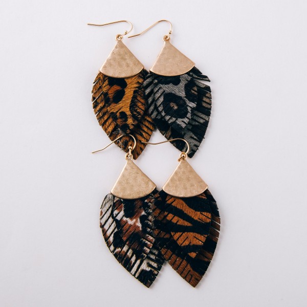 Doubled genuine leather leopard print feather earrings.

- Approximately 2.5" in length