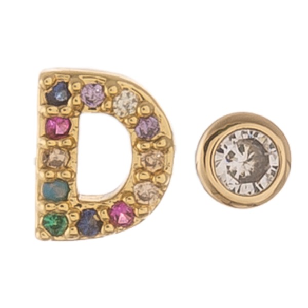 Dainty 16k Gold dip plated cubic zirconia initial D mix match stud earrings.

- Approximately 5mm 