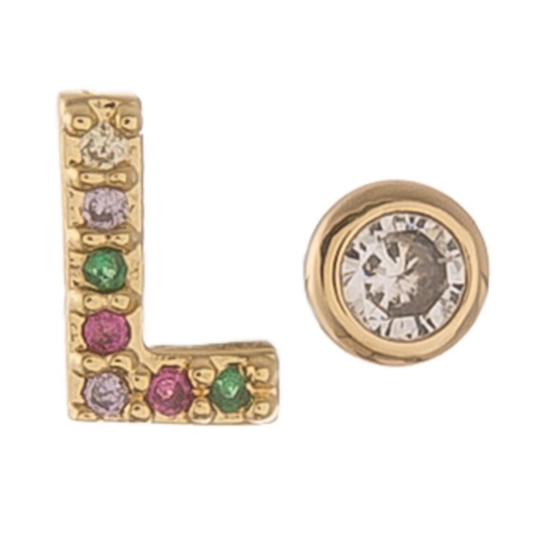 Dainty 16k Gold dip plated cubic zirconia initial L mix match stud earrings.

- Approximately 5mm 